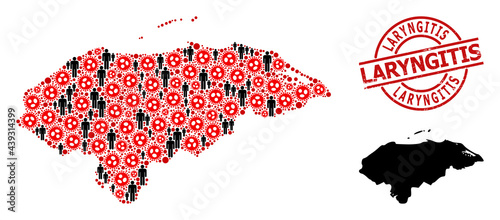 Mosaic map of Honduras designed from covid virus icons and population items. Laryngitis scratched badge. Black people items and red flu virus icons. Laryngitis message is inside round seal stamp.