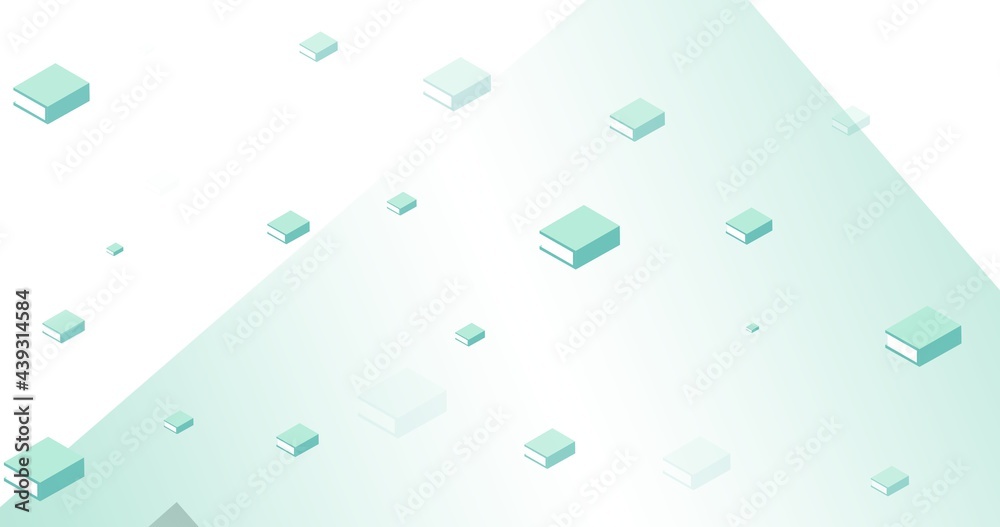 Composition of green books floating on green and white background Composition of green books floating on green and white background