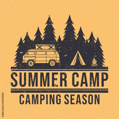 t shirt design summer camp with camping van, tent, camp fire and forest scenery flat illustration