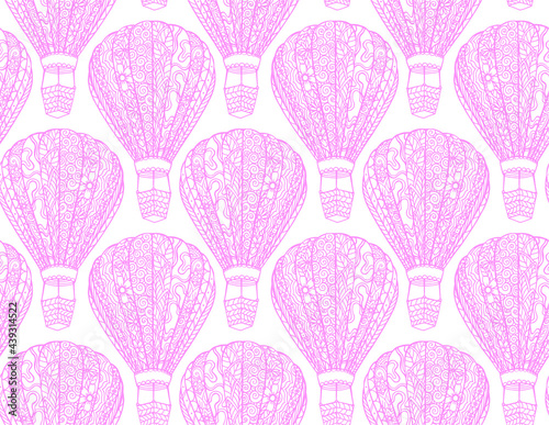 Seamless vector pattern with line drawn decorative  stylized balloon with basket for travel and romantic dates. Coloring page for adults. Beautiful aircrafts