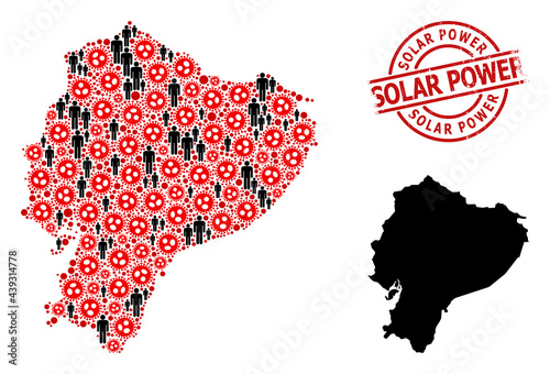 Mosaic map of Ecuador composed of covid-2019 items and population items. Solar Power scratched seal. Black men items and red covid virus items. Solar Power phrase inside round seal.