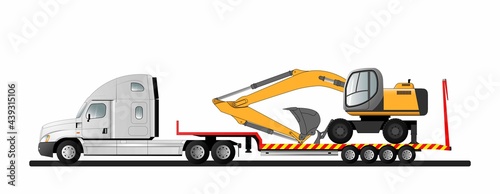 Image of a modern American low loader with a load. Wheeled excavator. Transportation of construction equipment. Vector illustration