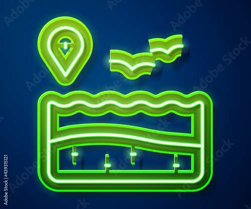 Glowing neon line Location with beach icon isolated on blue background. Tropical beach landscape. Good sunny day. Vector