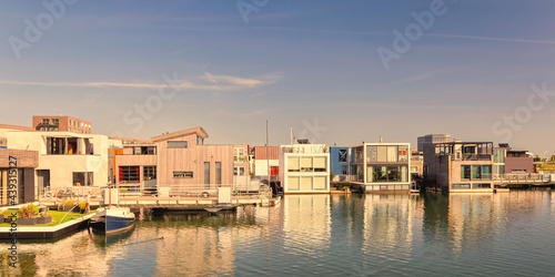 Row of contemporary house boats in the IJburg district in Amsterdam  The Netherlands