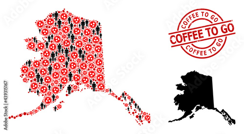 Collage map of Alaska State designed from sars virus items and men icons. Coffee to Go distress seal. Black people icons and red sars virus icons. Coffee to Go caption is inside round watermark.