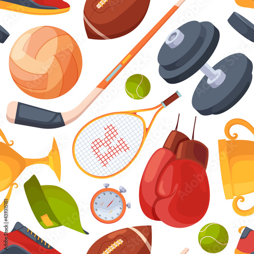 Sport pattern. Fitness club items collection textile design template with balls dumbbells and barbells garish vector seamless background