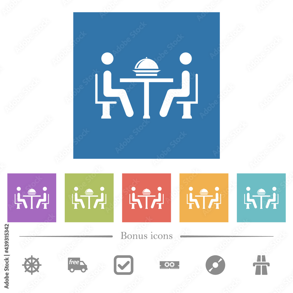 Lunch in restaurant flat white icons in square backgrounds Lunch in restaurant flat white icons in square backgrounds