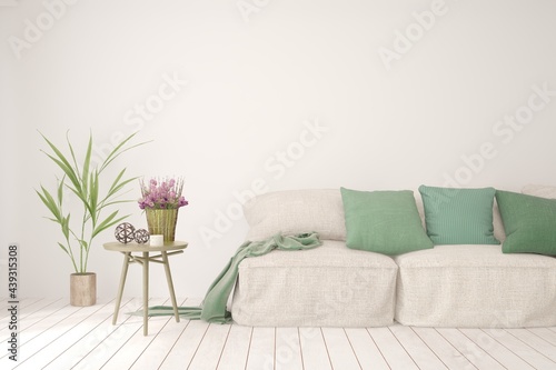 White living room with sofa. Scandinavian interior design. 3D illustration