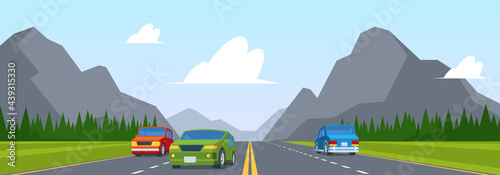 Road trip. Highway traffic with various cars on road lines sunrise and mountains view garish vector cartoon background