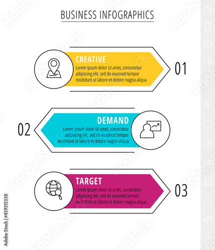 Minimal infographics circles. Line vector business concept of 3 steps by step, options, labels. Flat template with three ways for diagram, flowchart, chart