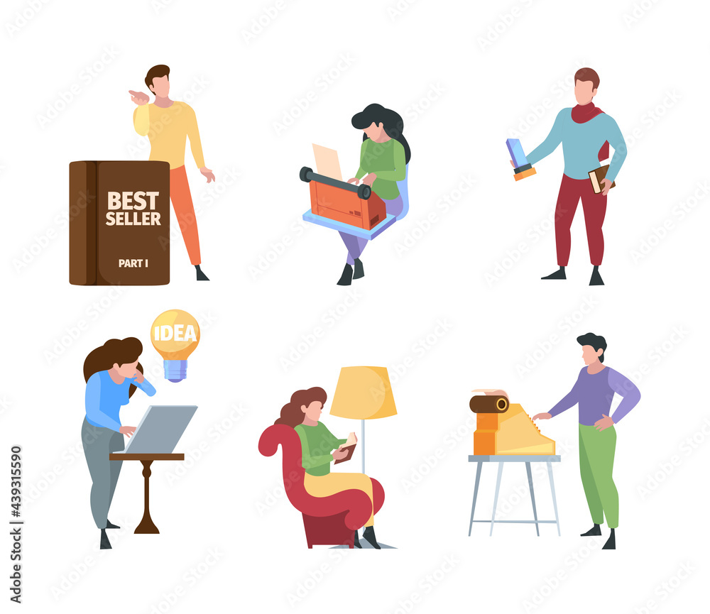 Writers characters. Bloggers paper journalist business editing writers using and typing computer communication laptop garish vector flat persons concept pictures
