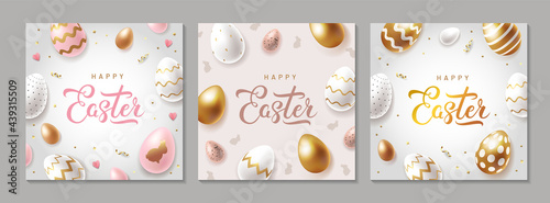 Easter greeting cards set. Collection of elegant banners with modern golden easter eggs and handwritten calligraphy. Vector illustration