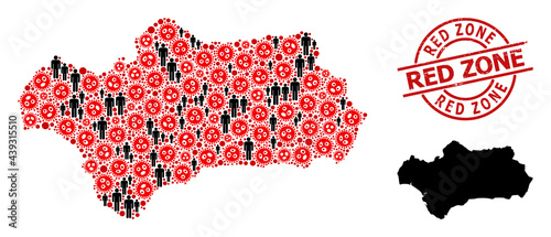 Mosaic map of Andalusia Province organized from covid virus items and men icons. Red Zone grunge watermark. Black men elements and red sars virus elements. Red Zone title is inside round watermark.