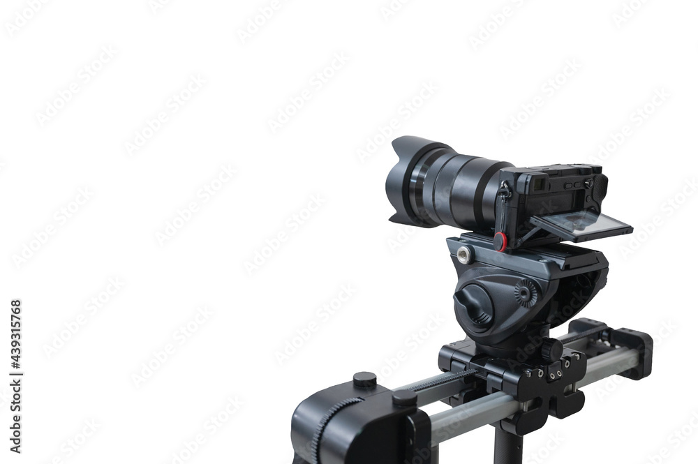 Modern camera with video ball head on automatic slide rail shooting video