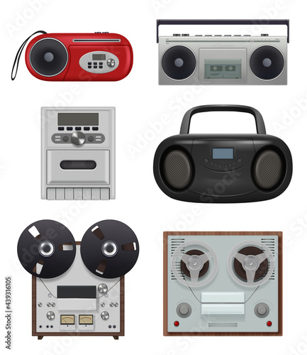 Vintage recorders. 80s music stuff portable audio gadgets reciever with tape reel recorders decent vector illustrations collection isolated