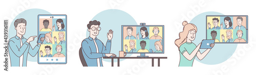 Collective virtual meeting and group video conference. Men and women talking with friends online. Set of vector illustration worker using devices for videoconference, remote work, technology concept