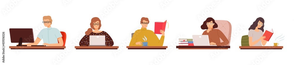 Clever student. People reading, working computer. Men women work in glasses. Office managers, teachers vector characters Clever student. People reading, working computer. Men women work in glasses. Office managers, teachers vector characters