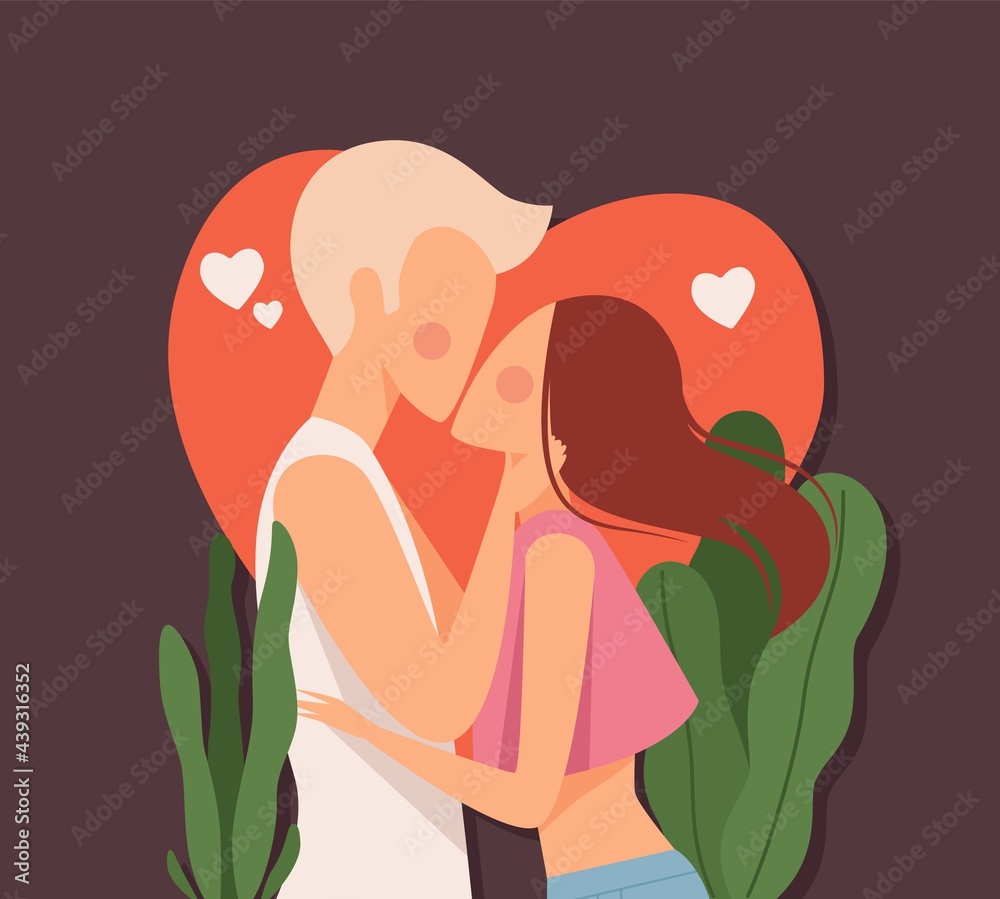 Couple kiss. Love dating, man kissed woman on red heart background. Summer loving vector card