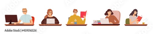 Clever student. People reading, working computer. Men women work in glasses. Office managers, teachers vector characters