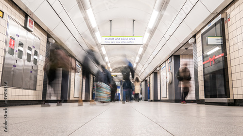 The London Underground. Long exposure abstract blur of passengers having alighted at a tube station to continue their journey.