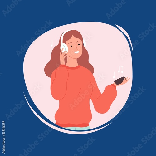 Girl in white headphones listen music. Clubhouse podcast, audiobook library in smartphone vector concept