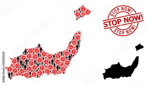 Mosaic map of Inagua Islands united from flu virus elements and population items. Stop Now! distress seal stamp. Black men elements and red flu virus items. Stop Now! title inside round seal.