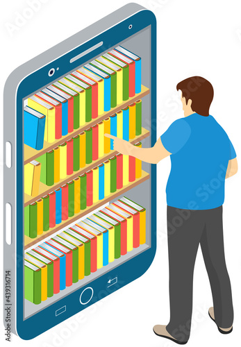 Electronic online library on smartphone. Distance education with modern technology application in phone. Man student standing next to screen with virtual textbook and stack of multicolored books