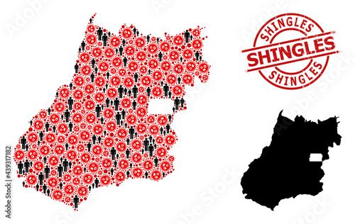 Collage map of Goias State composed of coronavirus items and men elements. Shingles grunge stamp. Black men elements and red sars virus items. Shingles message inside round seal stamp.