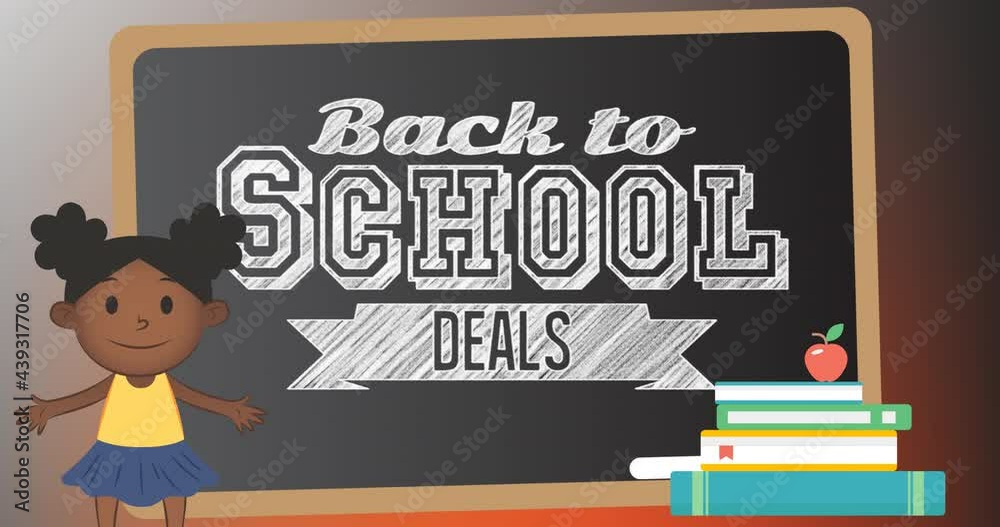 Animation of back to school deals text with cartoon schoolgirl and books with apple Animation of back to school deals text with cartoon schoolgirl and books with apple