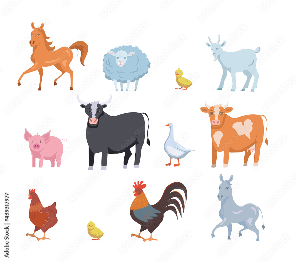 Set of Cute farm domestic animals and birds isolated on white transparent background.