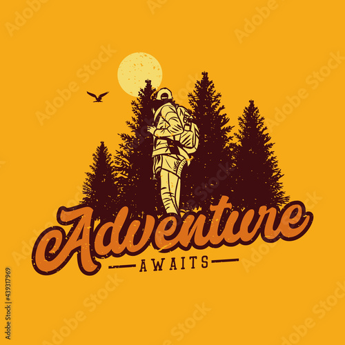 t shirt design adventure await with woman hiking vintage illustration