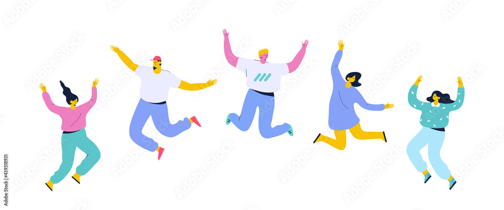 Happy people jumping with raising hands. Party, celebration