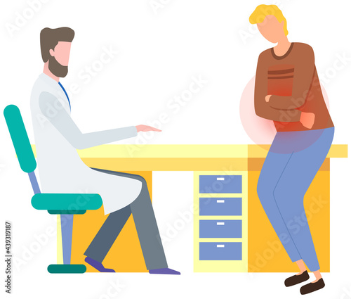 Man with abdominal pain in consultation with doctor. Gastroenterologist consults patient with stomachache. Diarrhea or constipation. Abdomen disease and illness. Person suffering from pain in abdomen