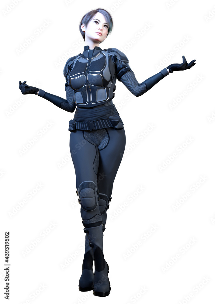 3D Rendering Female Sceince Fiction Warrior on White