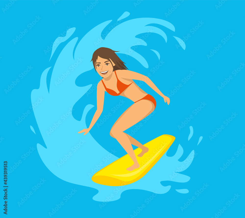 Female surfer, girl riding a wave cartoon vector illustration