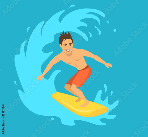 Male surfer riding a wave vector illustration