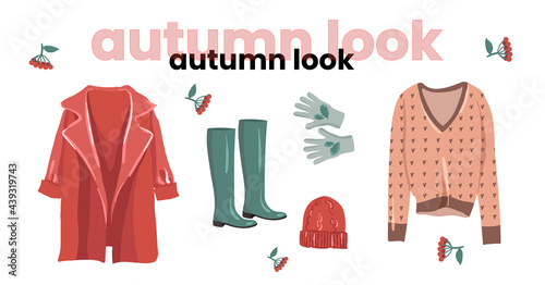 Fashionable autumn look in trendy colors. Feminine style for autumn. Illustration for a fashion magazine. Fashionable autumn look in trendy colors. Women's style for autumn. Illustration for a magazin