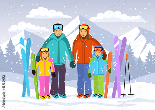 Happy family , man, woman, boy, girl skiing in snow mountains