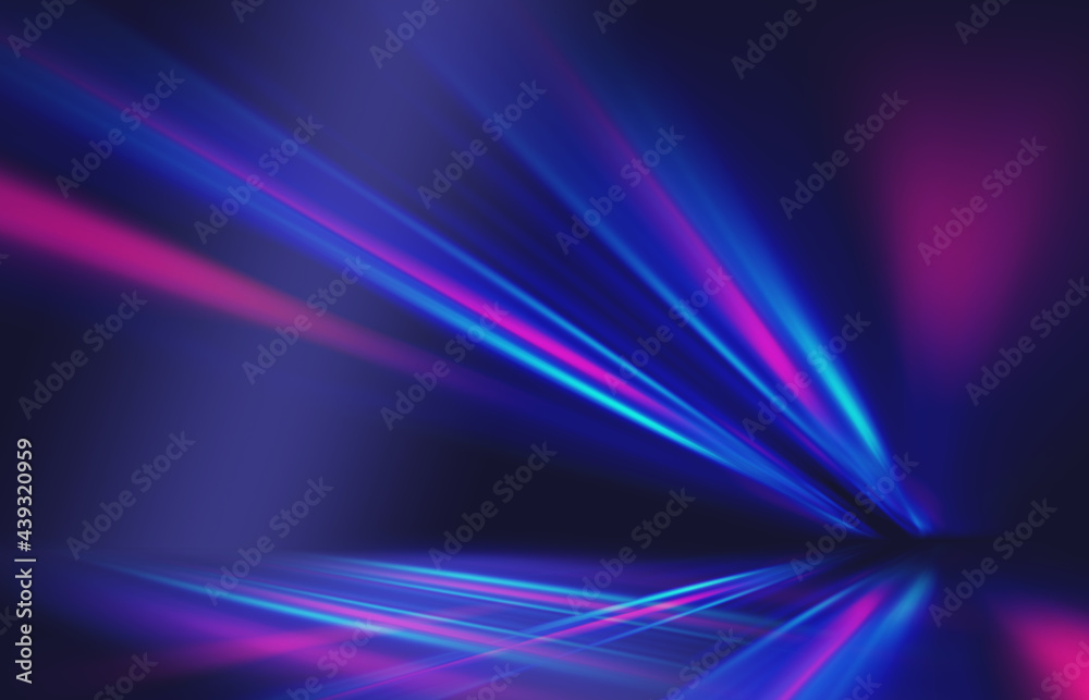 Neon abstract light rays on a dark background. Light effect, laser show, surface reflection. Ultraviolet radiation, nightclub. 3d illustration Neon abstract light rays on a dark background. Light effect, laser show, surface reflection. Ultraviolet radiation, nightclub. 3d illustration