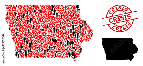 Mosaic map of Iowa State organized from flu virus elements and humans icons. Crisis scratched stamp. Black man icons and red flu virus icons. Crisis text is inside round seal.