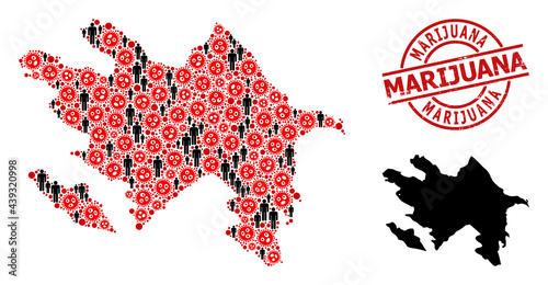 Mosaic map of Azerbaijan designed from covid infection items and population items. Marijuana grunge watermark. Black crowd items and red covid infection icons. Marijuana phrase inside round stamp.