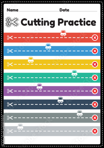 Cutting practice for kids to cut the paper with scissors to improve motor skills, coordination and develop small muscles for preschool and kindergarten children in a printable illustration page.