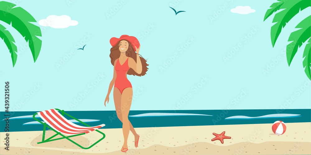 Summer illustration of a woman in a swimsuit and a hat on the seashore.