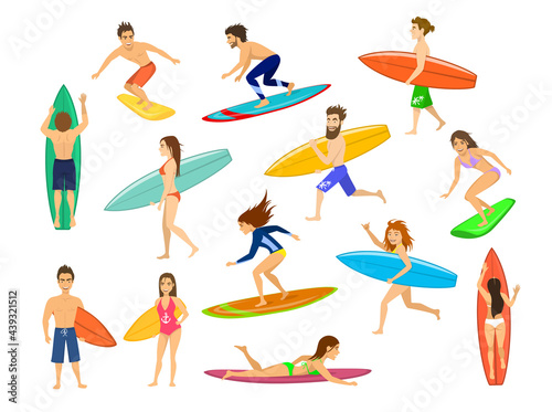 surfers set. men and women surfing, riding waves, stand , walk, run, swim with surfboards, top and side front view