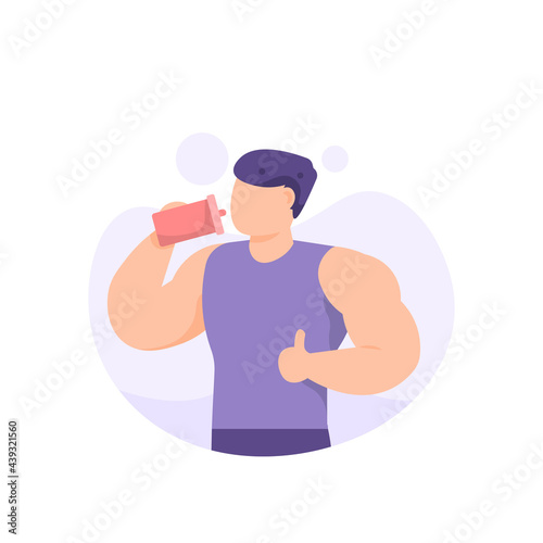 illustration of bodybuilder, muscle, muscular man. a man drinks milk or water supplements. Consume water that is high in protein. flat cartoon style. vector design
