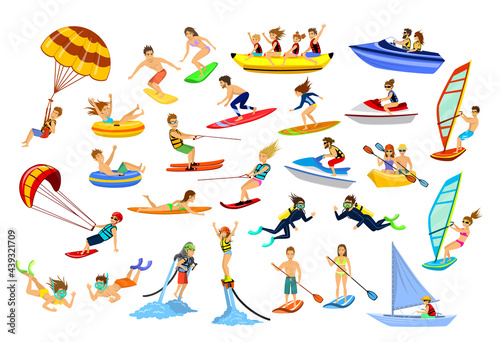 Summer water beach sports. People windsurf, surf, jet ski, stand up paddle, snorkel, scuba dive, tube, ride speed boat banana float, fly board, kayaking, parasail, wakeboard, kitesurf, waterski