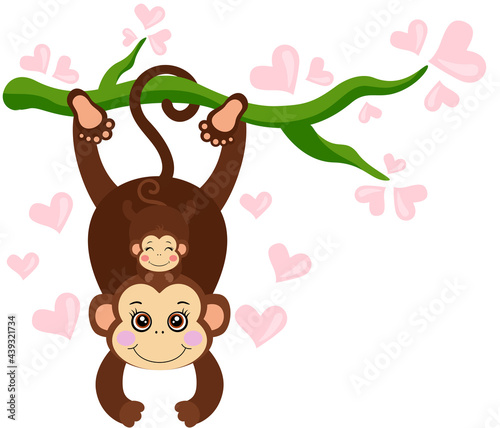 Cute mom monkey hanging in tree with little son on head
