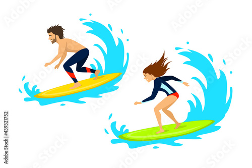 Man and woman surfers surfing riding on waves isolated vector illustration