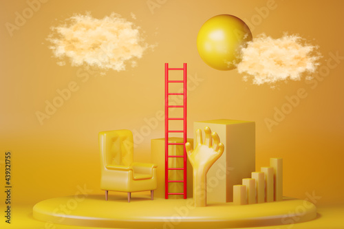 Fototapeta Naklejka Na Ścianę i Meble -  Red stair, yellow chair with geometric shapes. abstraction background minimalism, 3d rendering