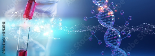 Scientist holding liquid biological sample. Medical technology research institute concept